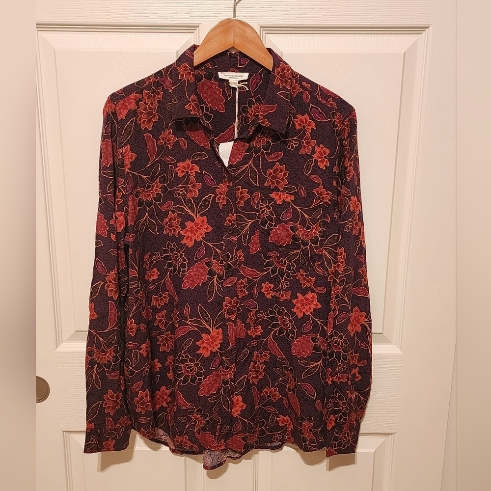 Beach Lunch Lounge Womens Size XL Alanna Claret Flora Blouse, Purple Red Gold